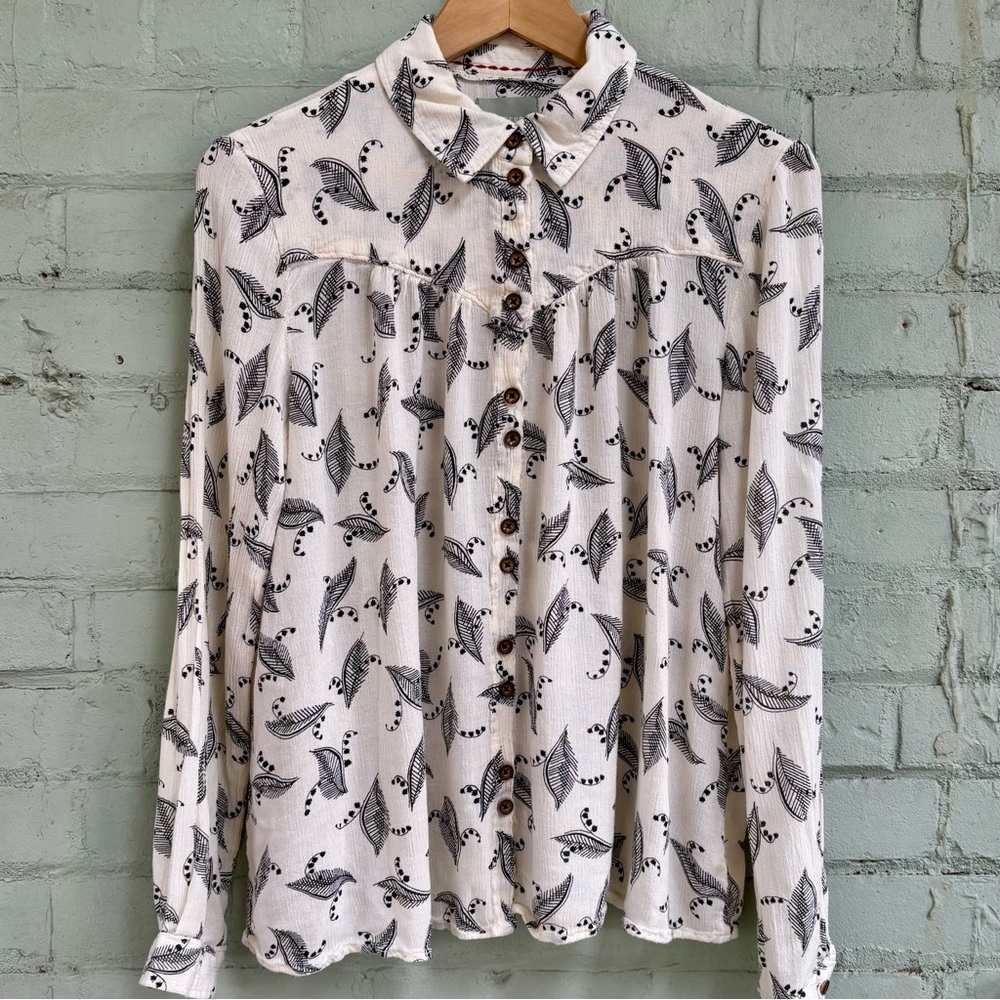 Anthropologie Cream Feather Print Blouse